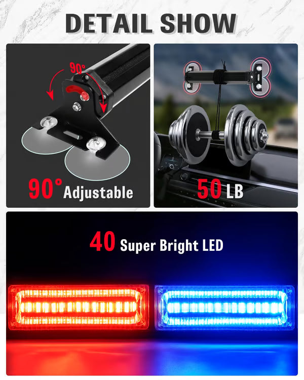 40 LED Emergency Strobe Light Bar for Windshield & Dash Warning