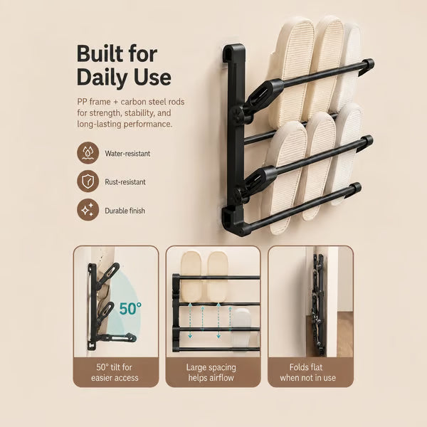🪑 Foldable Wall‑Mounted Shoe Rack｜Space‑Saving Hanging Slipper Holder for Entryway Bathroom RV