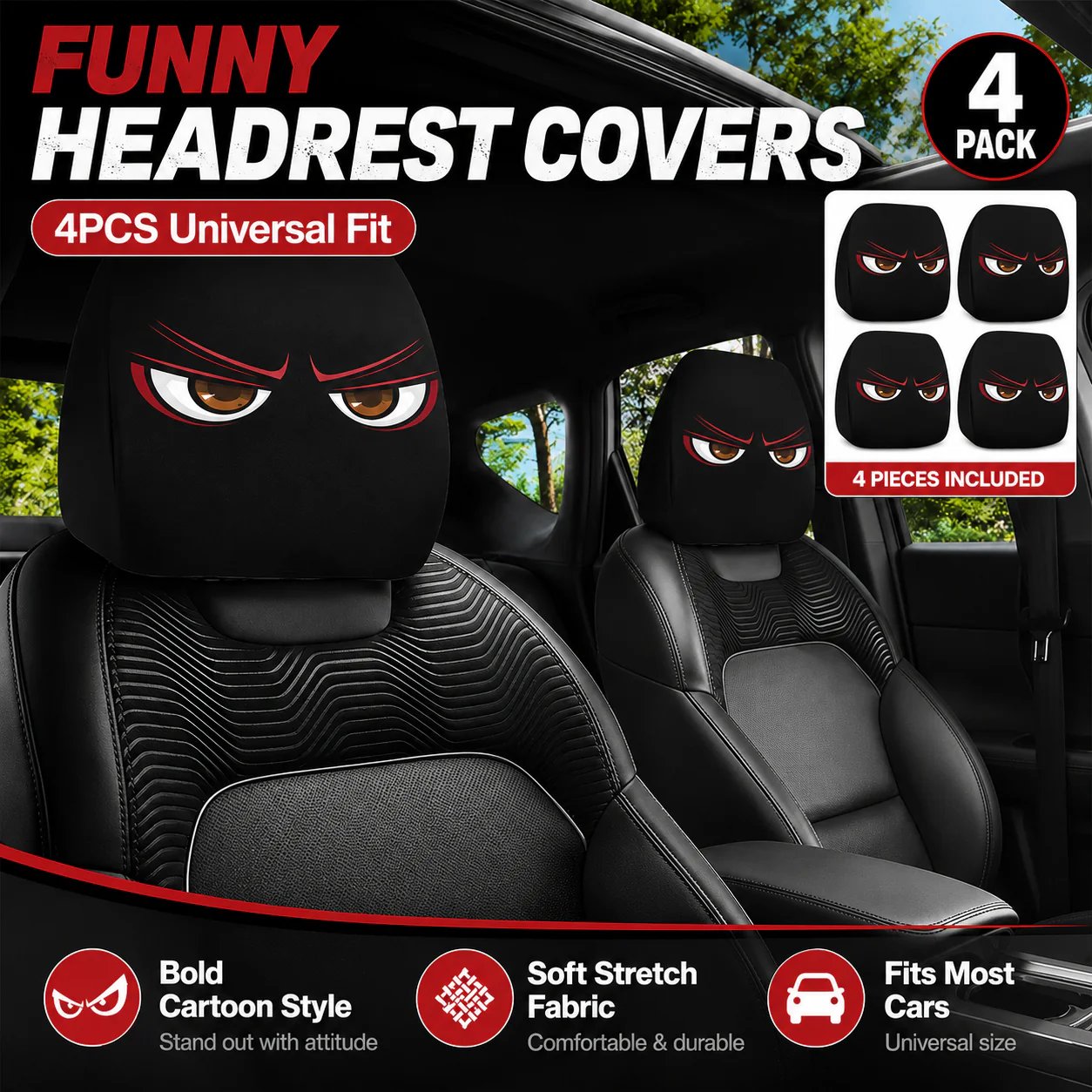 🔥😆 Funny Cartoon Car Headrest Covers – 2PCS Universal Fit 🚗