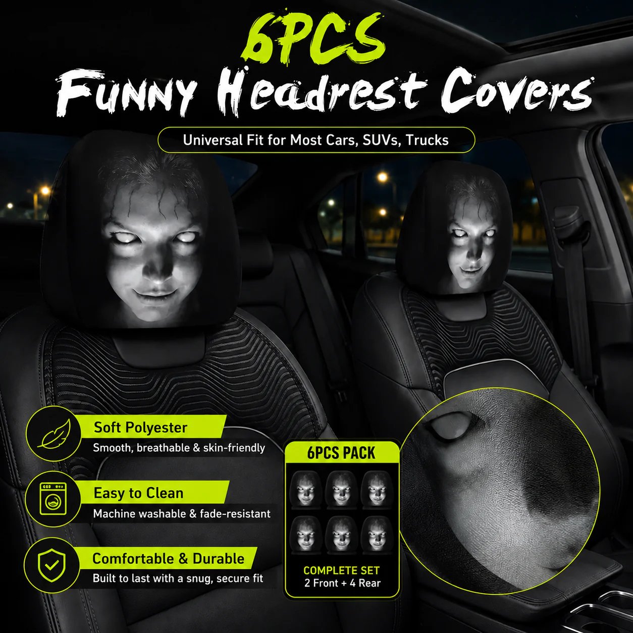 🔥😆 Funny Cartoon Car Headrest Covers – 2PCS Universal Fit 🚗
